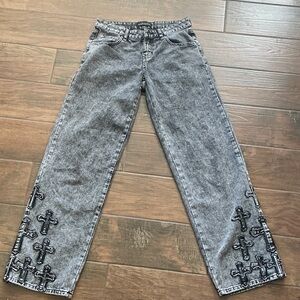 Ashley Mason Black & Gray Acid Wash Jeans with Embellished Cross Detail